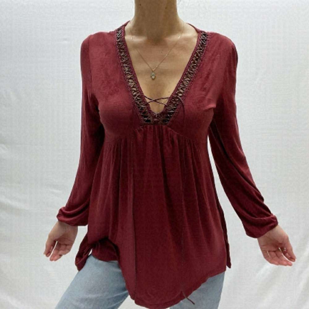 Womens Lace-Trim Deep V Neck Long Sleeve Blouse - Burgundy